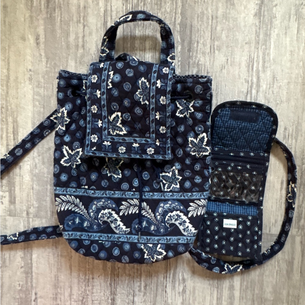 Vera Bradley Blue and White Quilted Backpack and Wallet